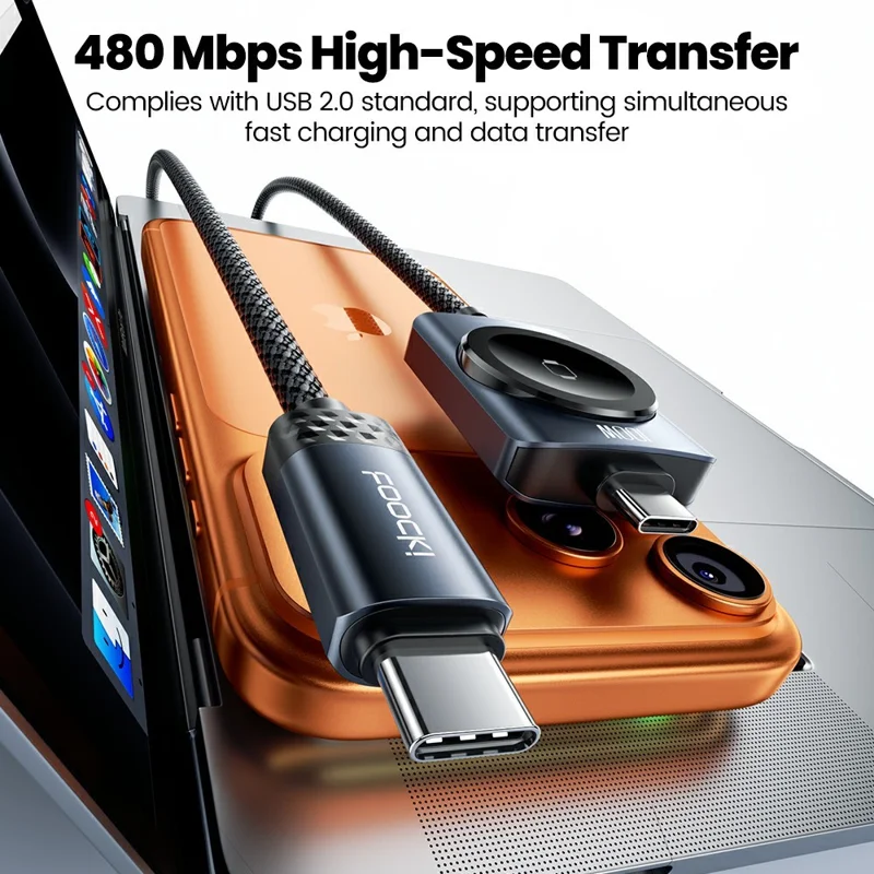 TOOCKI 1.2m 2 in 1 100W Fast Charging USB-C Data Cable with 2.5W Wireless Charger for Apple Watch - Black