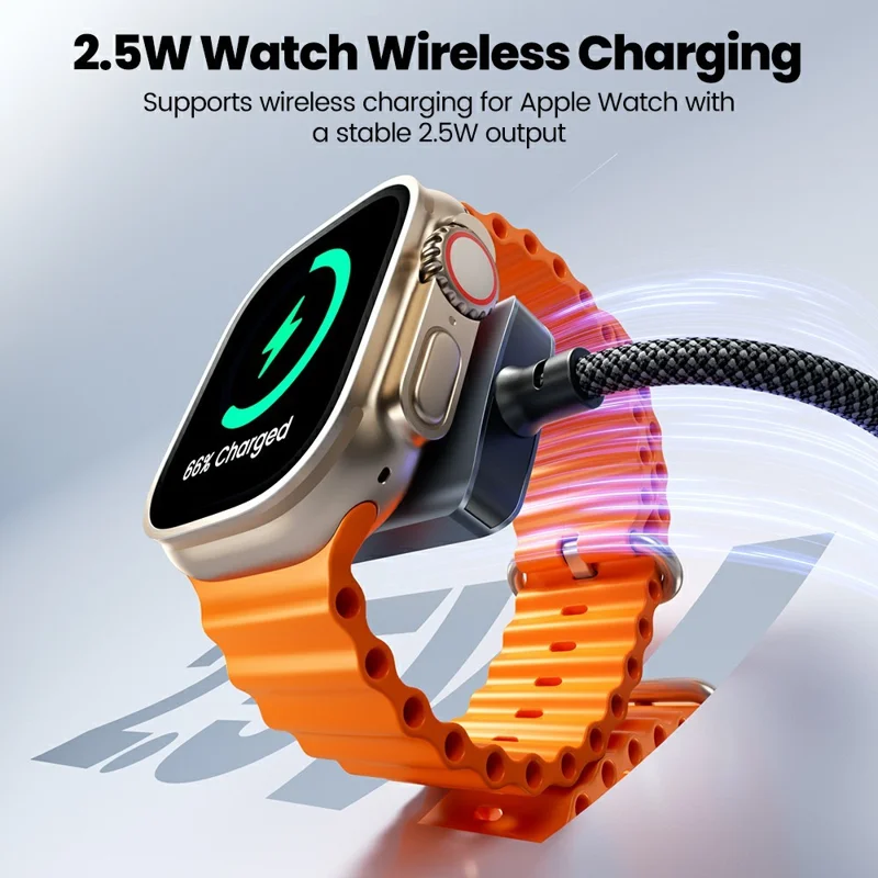TOOCKI 1.2m 2 in 1 100W Fast Charging USB-C Data Cable with 2.5W Wireless Charger for Apple Watch - Black