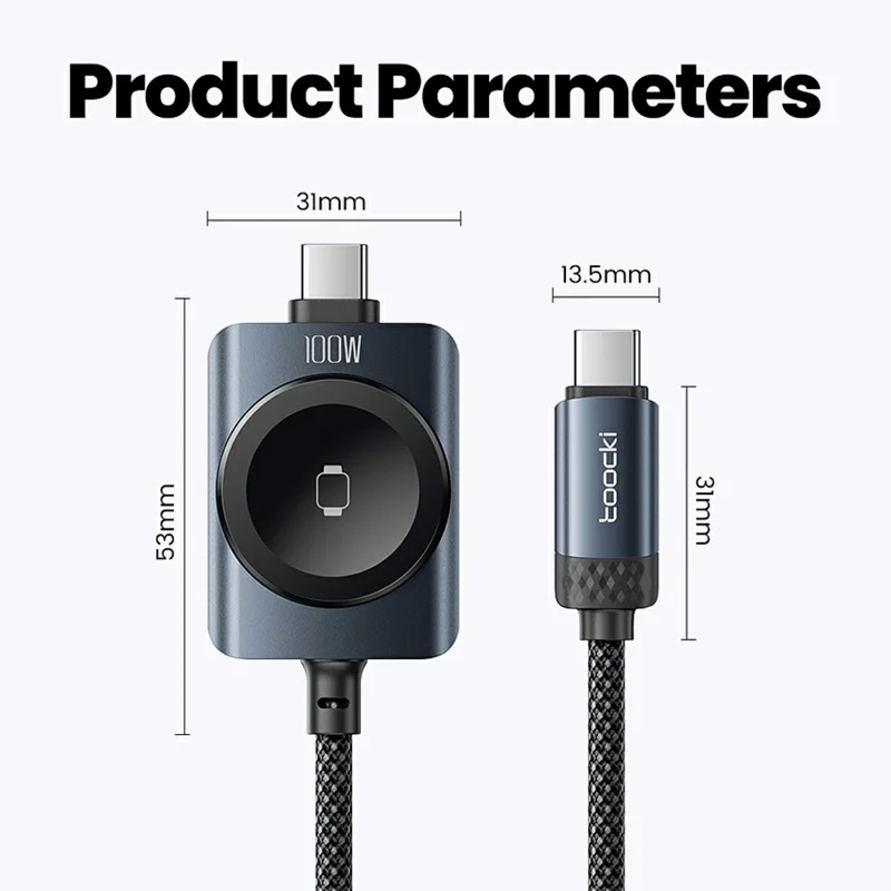 TOOCKI 1.2m 2 in 1 100W Fast Charging USB-C Data Cable with 2.5W Wireless Charger for Apple Watch - Black