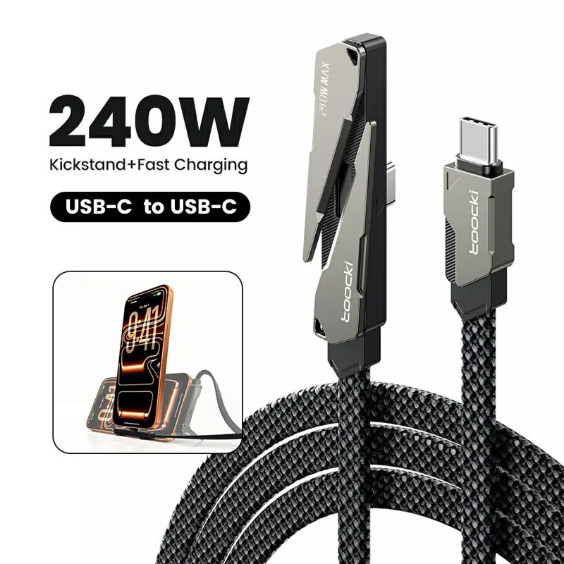 TOOCKI X125C4 1.5m USB-C to USB-C 240W Fast Charging Cable with Foldable Stand - Black