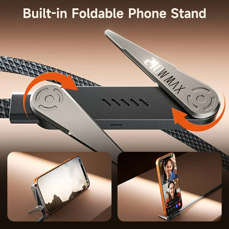 TOOCKI X119C4 1.5m 240W Fast Charging USB-C to USB-C Braided Cable with Foldable Stand - Black