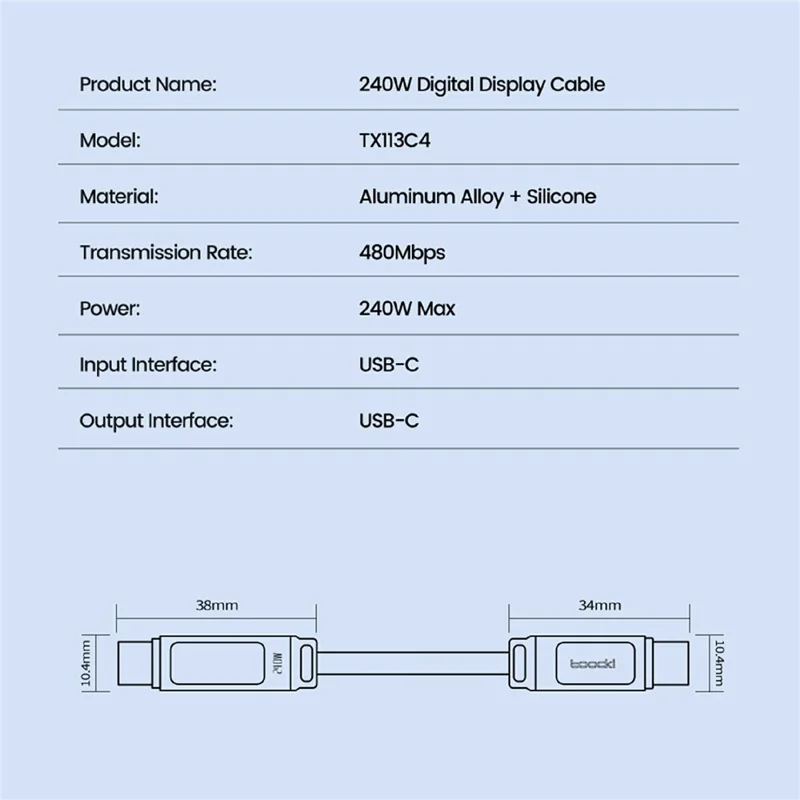 Câble de Chargement Rapide TOOCKI TX113C4 1 m USB-C vers USB-C 240 W, Affichage Numérique 480 Mbps - Noir