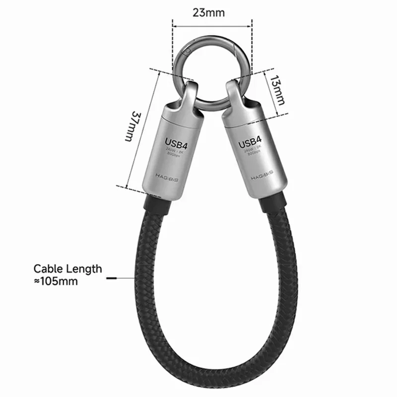HAGIBIS GS200 30cm USB4 Type-C to Type-C Cable 80Gbps 240W 8K / 60Hz Keychain Lanyard - Silver