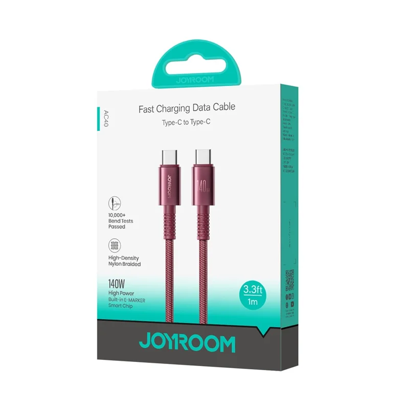 JORROOM AC40 1m USB-C to USB-C Cable 140W 480Mbps E-Marker Nylon Braided Data Cable - Cherry Red