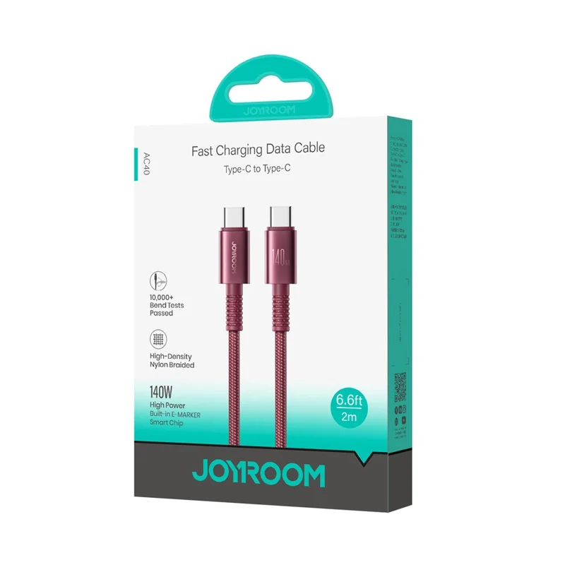 JORROOM AC40 2m USB-C to USB-C Cable 140W 480Mbps E-Marker Nylon Braided Data Cable - Cherry Red