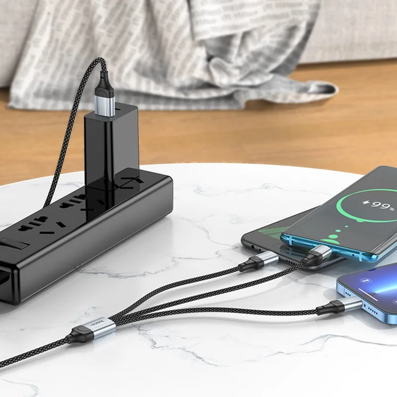 HOCO X102 1 m Cable de Carga 3 en 1 de Nailon Trenzado USB-A a Micro-USB + iP + USB-C, Cable de Datos - Negro