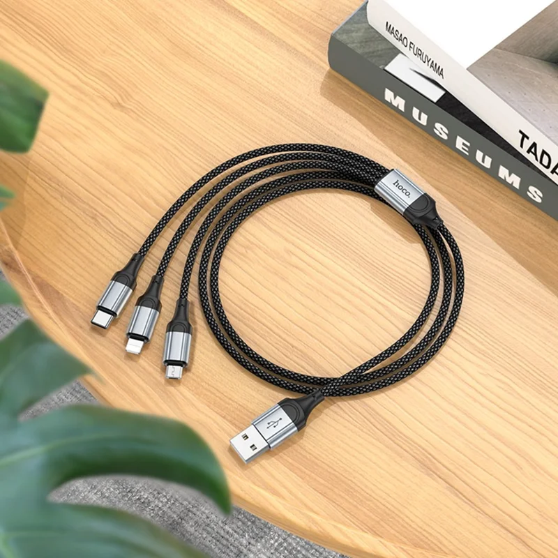 HOCO X102 1 m Cable de Carga 3 en 1 de Nailon Trenzado USB-A a Micro-USB + iP + USB-C, Cable de Datos - Negro