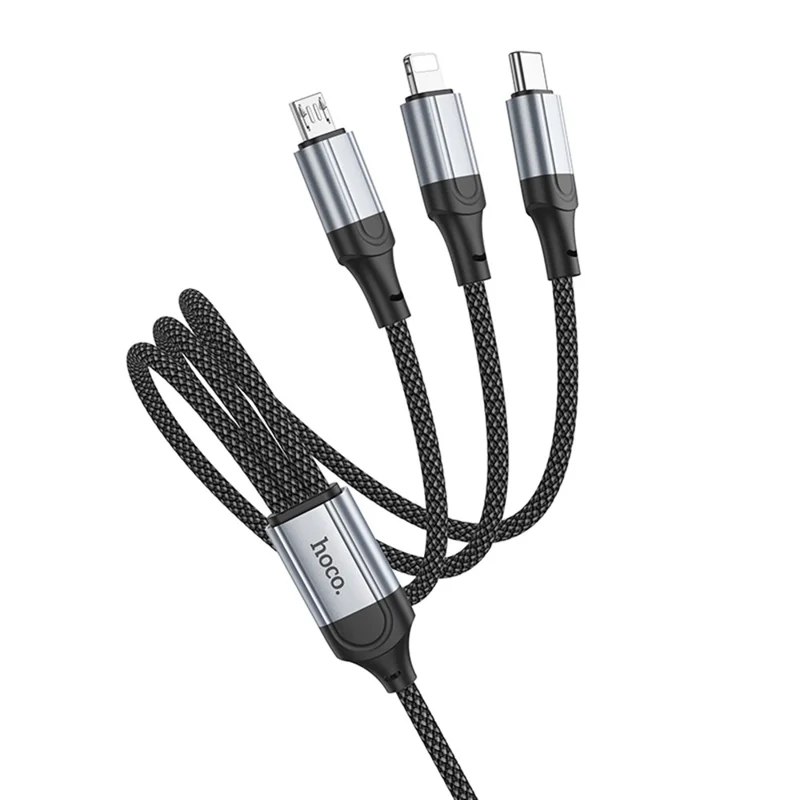 HOCO X102 1 m Cable de Carga 3 en 1 de Nailon Trenzado USB-A a Micro-USB + iP + USB-C, Cable de Datos - Negro