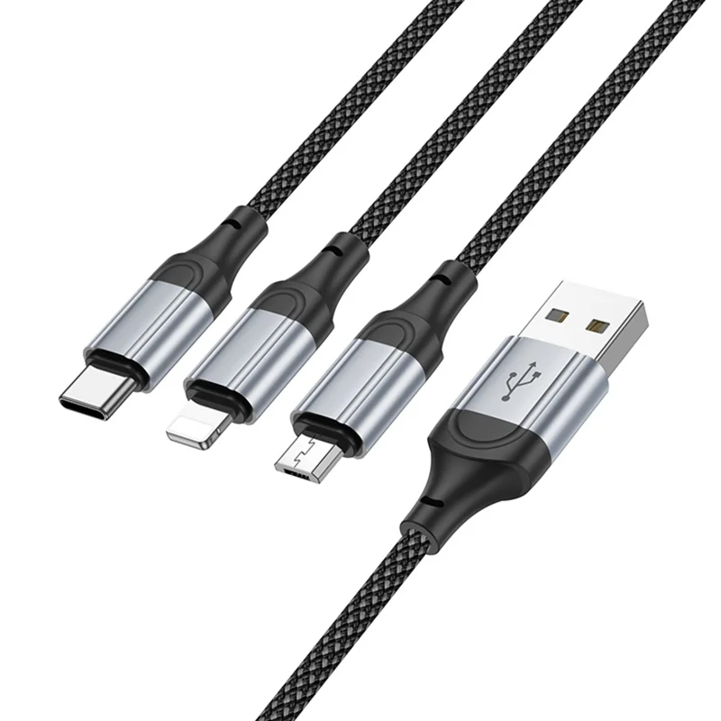 HOCO X102 1 m Cable de Carga 3 en 1 de Nailon Trenzado USB-A a Micro-USB + iP + USB-C, Cable de Datos - Negro