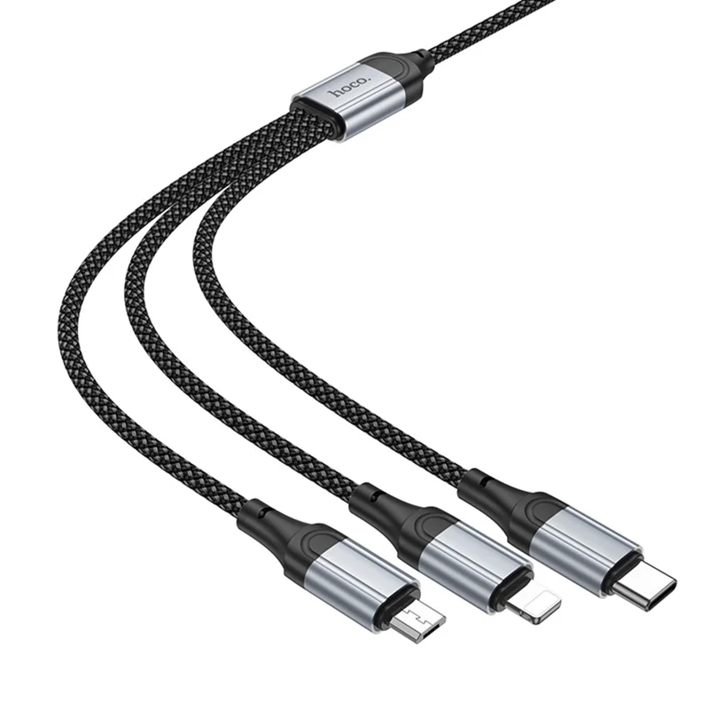 HOCO X102 1 m Cable de Carga 3 en 1 de Nailon Trenzado USB-A a Micro-USB + iP + USB-C, Cable de Datos - Negro