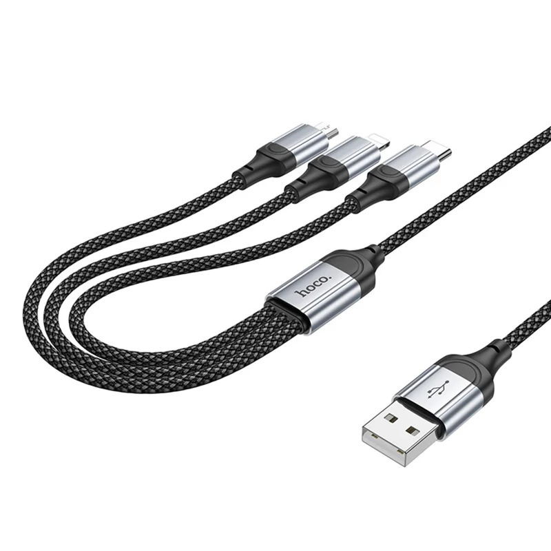 HOCO X102 1 m Cable de Carga 3 en 1 de Nailon Trenzado USB-A a Micro-USB + iP + USB-C, Cable de Datos - Negro
