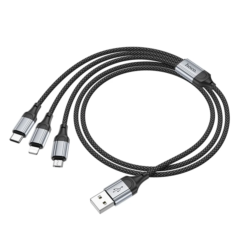 HOCO X102 1 m Cable de Carga 3 en 1 de Nailon Trenzado USB-A a Micro-USB + iP + USB-C, Cable de Datos - Negro