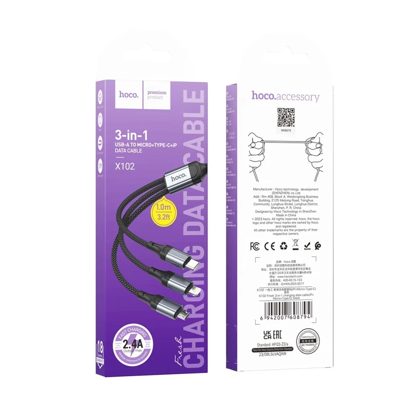 HOCO X102 1 m Cable de Carga 3 en 1 de Nailon Trenzado USB-A a Micro-USB + iP + USB-C, Cable de Datos - Negro