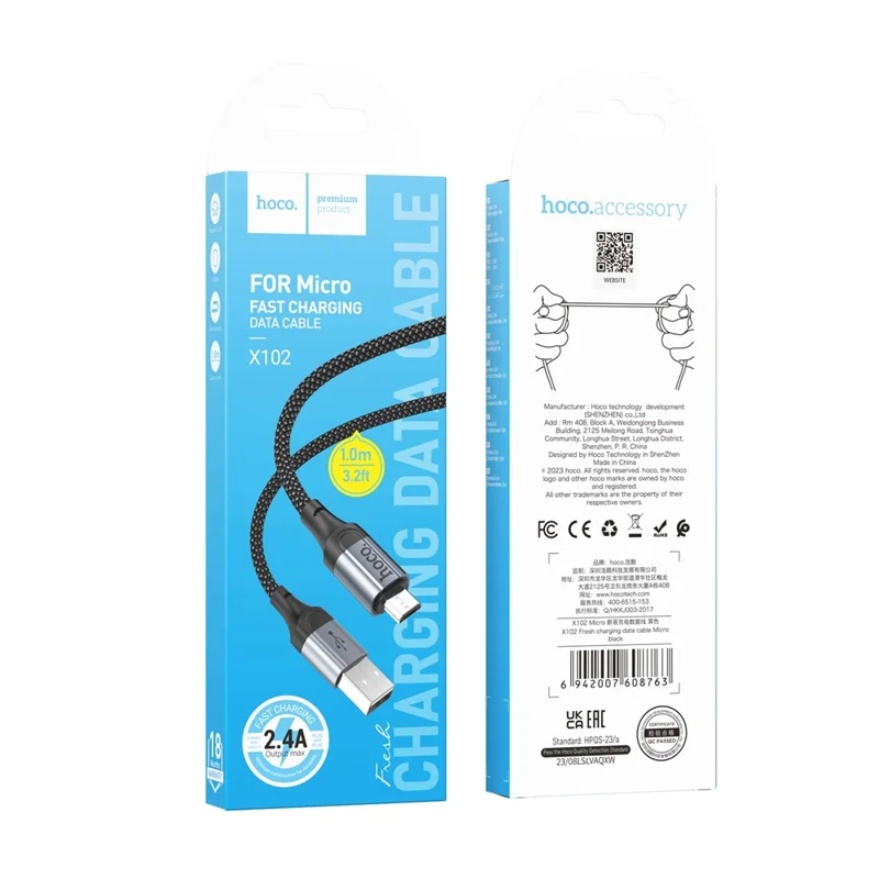 HOCO X102 1m USB-A to Micro-USB Cable Nylon Braided 2.4A Charging Data Cord - Black