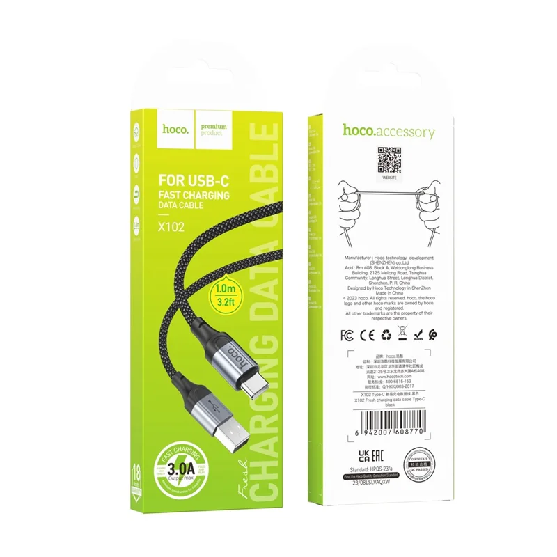 HOCO X102 1m USB-A to USB-C Cable Nylon Braided Aluminum Alloy 3A Charging Data Cord - Black