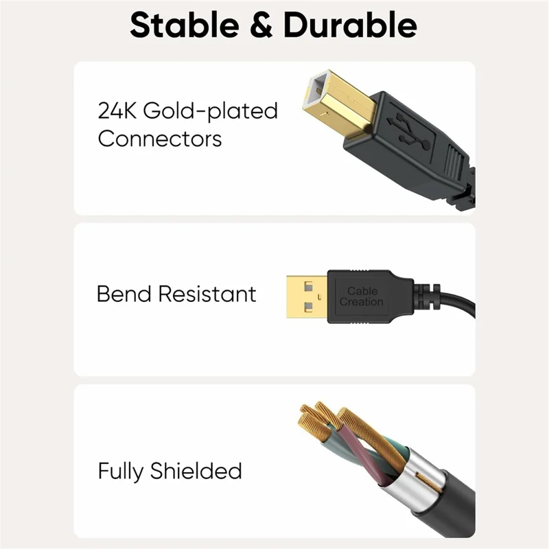 CABLECREATION CC1268 2m USB 2.0 A to B Printer Cable 24K Gold-Plated Fully Shielded PVC - Black