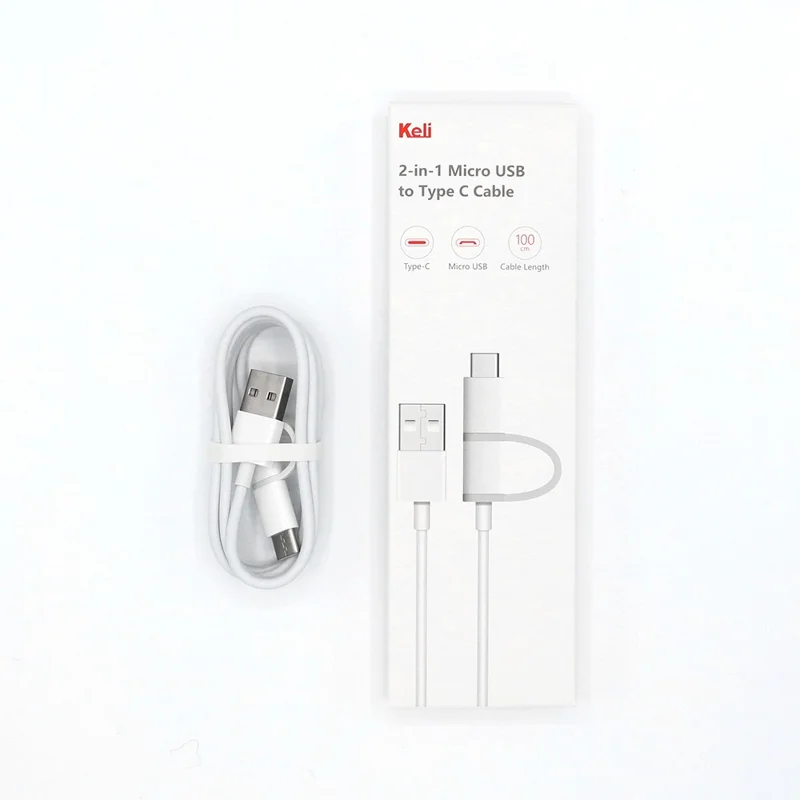 KELI 1m 2 in 1 Charging Data Cable 2A 480Mbps for Micro USB and USB-C Devices - White