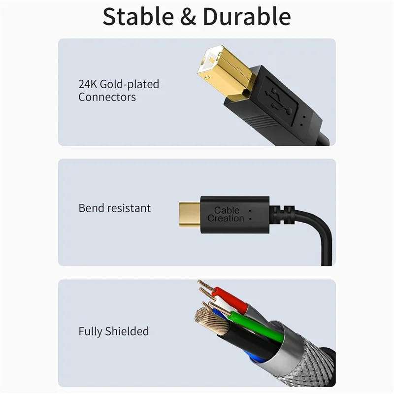 CABLECREATION CC0011 2m USB-C auf USB 2.0 Typ-B Kabel vergoldet, abgeschirmt für Drucker – Schwarz