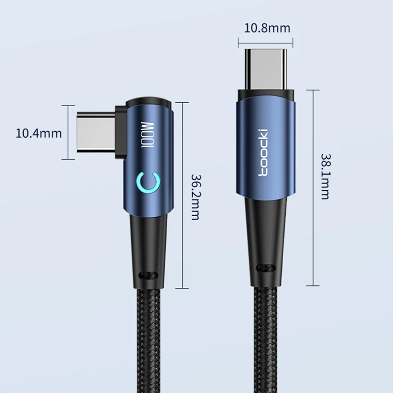 TOOCKI TQ-X25 3m 100W Type-C to Type-C Elbow Charging and Data Cable with LED Indicator - Black