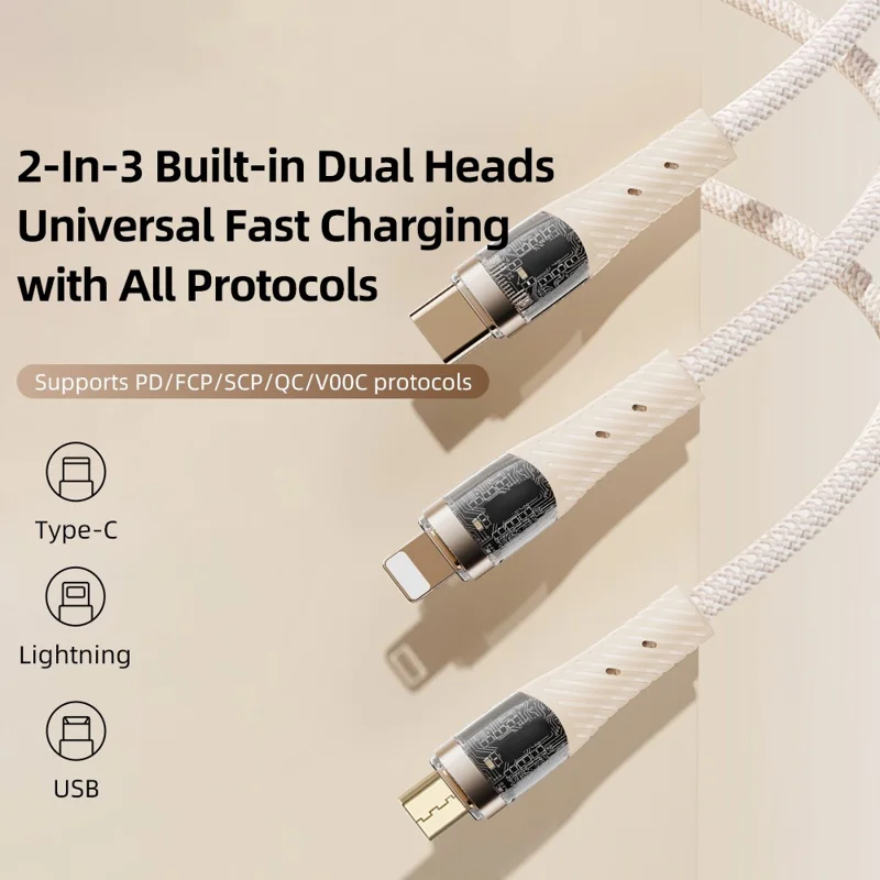 ROCK G20 1.5m 2 in 3 Multi Charging Cable 100W 5A Fast Charging Cord - Khaki