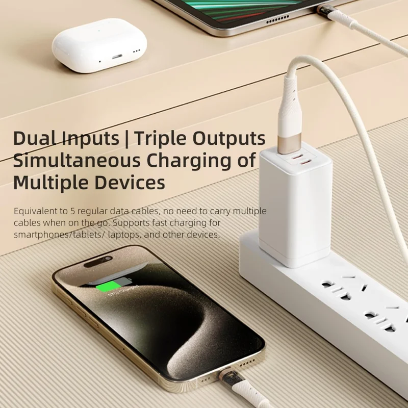 ROCK G20 1.5m 2 in 3 Multi Charging Cable 100W 5A Fast Charging Cord - Khaki