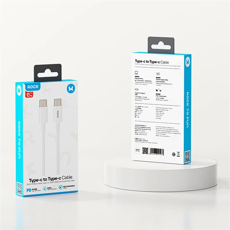 ROCK P8 1m USB-C to USB-C Cable 2A Fast Charging Data Transfer Cord - White
