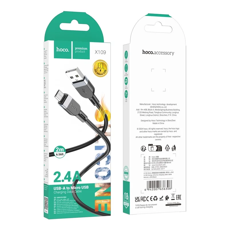 HOCO X109 2m USB-A to Micro-USB Silicone Flat Charging Data Cable - Black