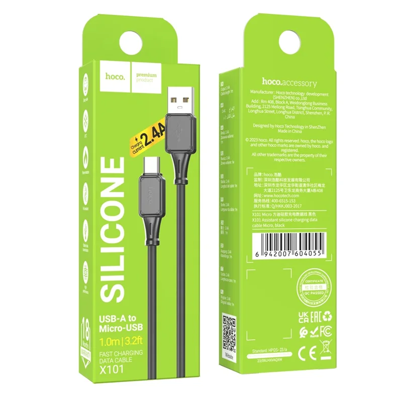 HOCO X101 1m Silicone USB-A to Micro-USB 2.4A Fast Charging Data Cable - Black