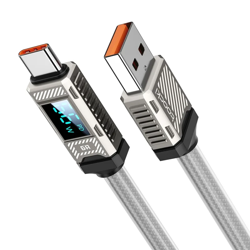 TOOCKI TQ-X84A2 2m USB-A to USB-C Cable LED Digital Display PD 66W Fast Charging Data Transfer Braided Cable - White