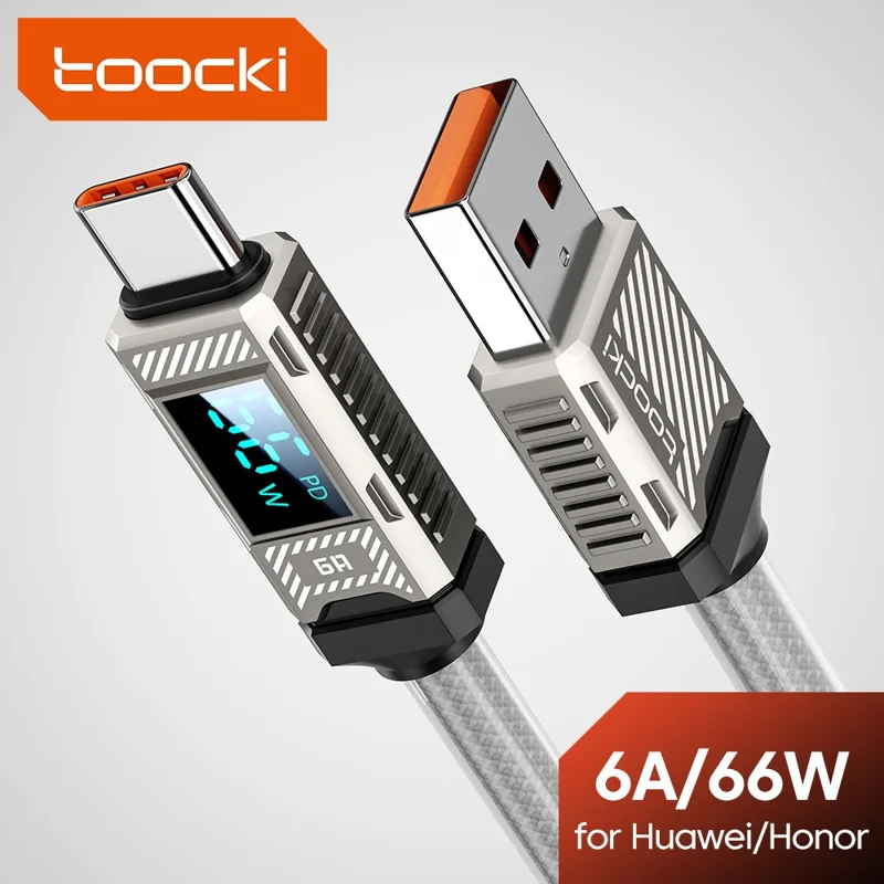 TOOCKI TQ-X84A2 2m USB-A to USB-C Cable LED Digital Display PD 66W Fast Charging Data Transfer Braided Cable - White