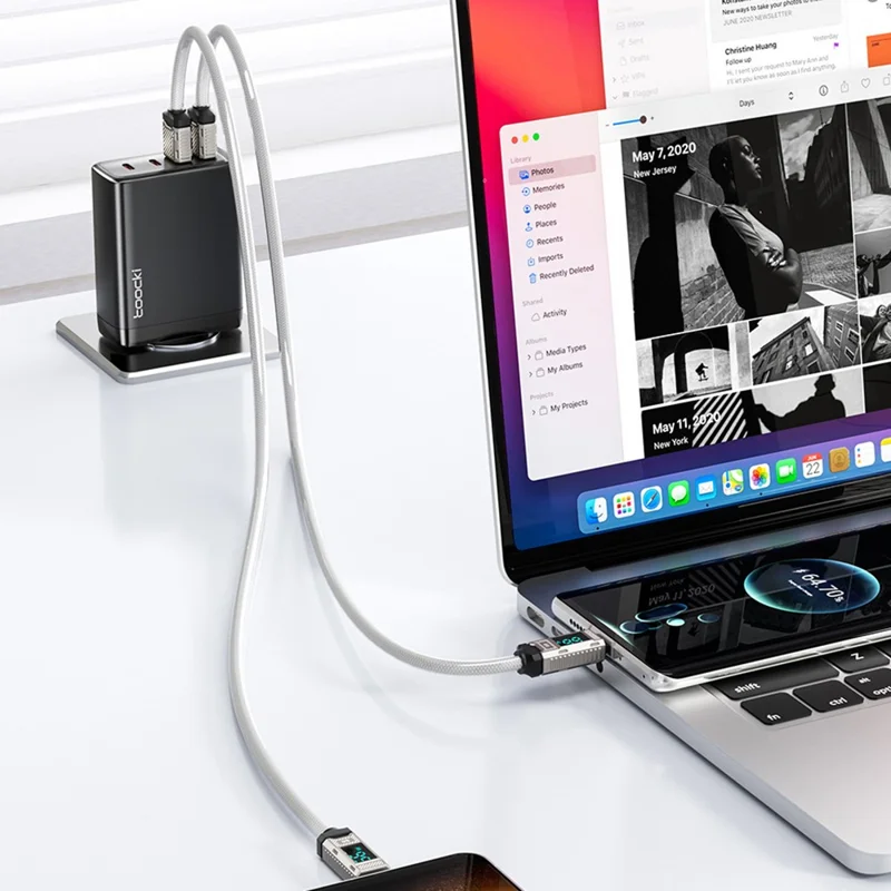 TOOCKI TQ-X84A2 2m USB-A to USB-C Cable LED Digital Display PD 66W Fast Charging Data Transfer Braided Cable - White