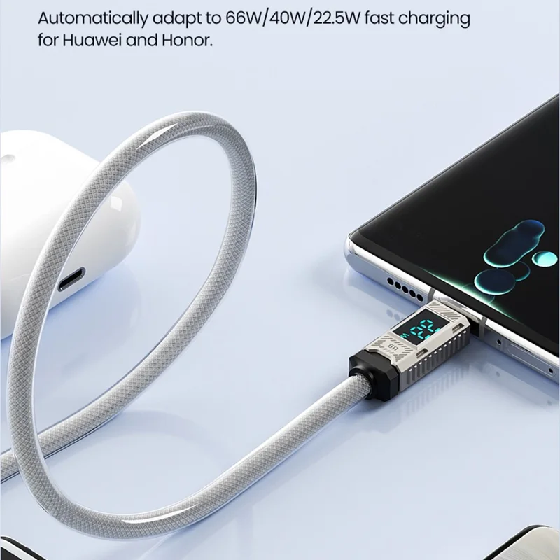 TOOCKI TQ-X84A2 2m USB-A to USB-C Cable LED Digital Display PD 66W Fast Charging Data Transfer Braided Cable - White