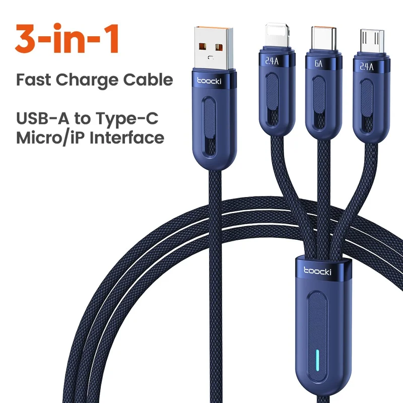 TOOCKI TQ-X18 1.2m 3 in 1 Charging Cable 66W 6A Type-C iP Micro USB Fast Charging 480Mbps Data Transfer Braided Cable - Blue