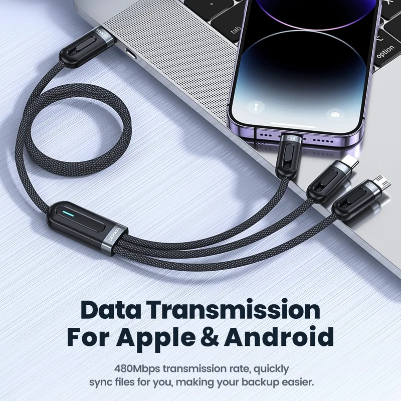 TOOCKI TQ-X18 1.2m 3 in 1 Charging Cable 66W 6A Type-C iP Micro USB Fast Charging 480Mbps Data Transfer Braided Cable - Blue