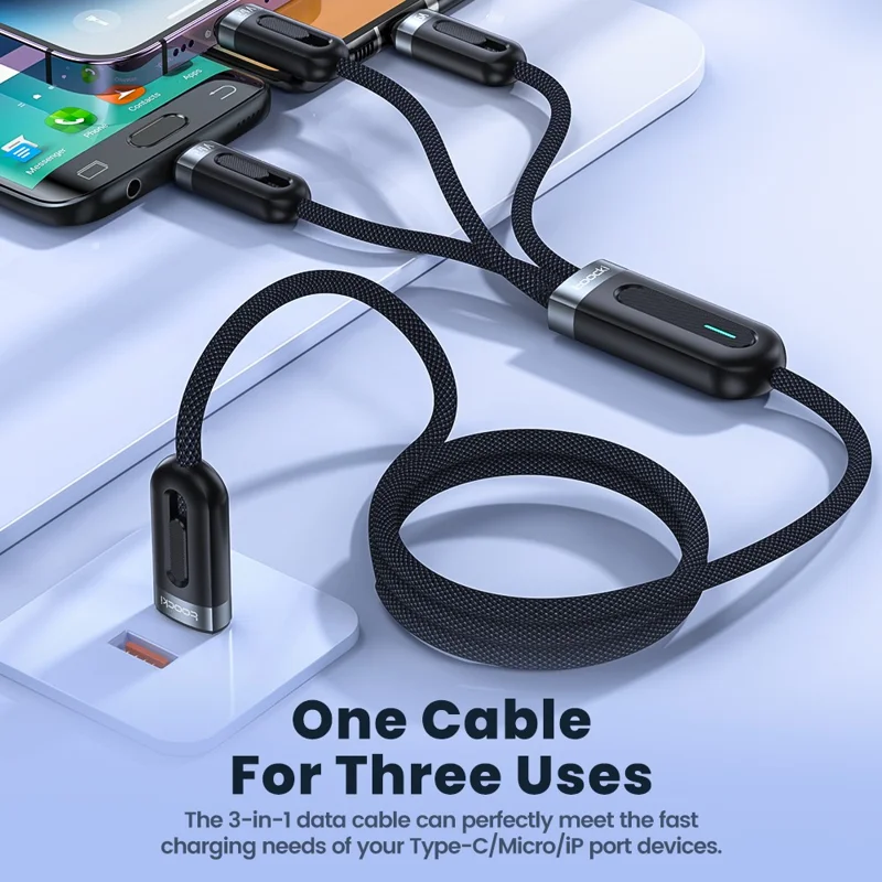 TOOCKI TQ-X18 1.2m 3 in 1 Charging Cable 66W 6A Type-C iP Micro USB Fast Charging 480Mbps Data Transfer Braided Cable - Blue