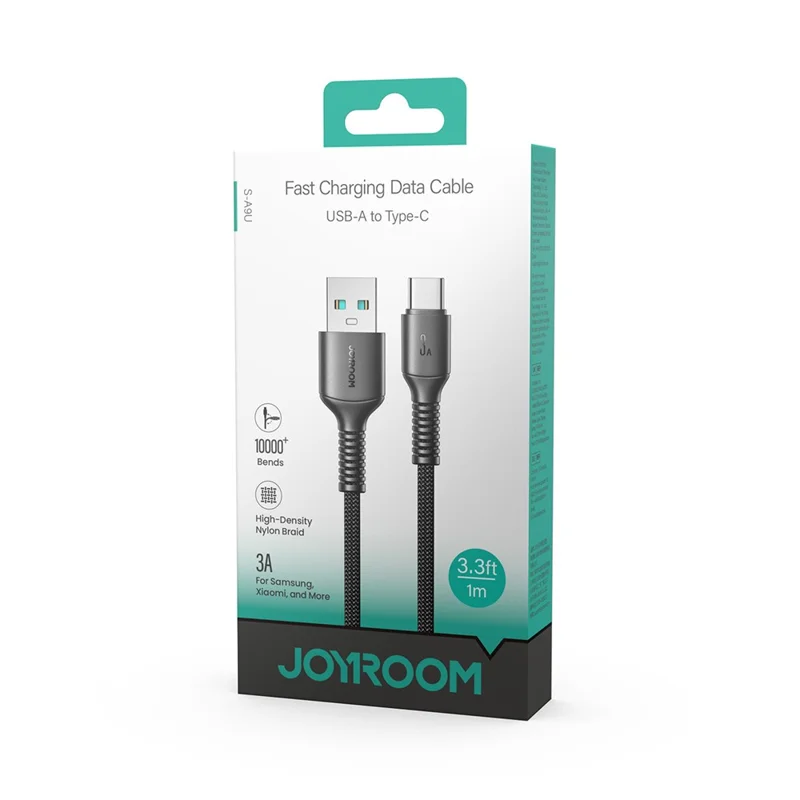 JOYROOM S-A9U 1m USB-A to Type-C Cable 3A 480Mbps Nylon Braided Fast Charging Data Transfer Cord - Black