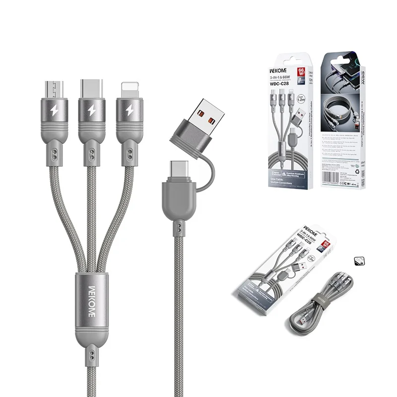 WEKOME WDC-C28 1.2m 3 in 1 Data Cable, IP + Type-C + Micro USB 66W Charging Cord - Grey