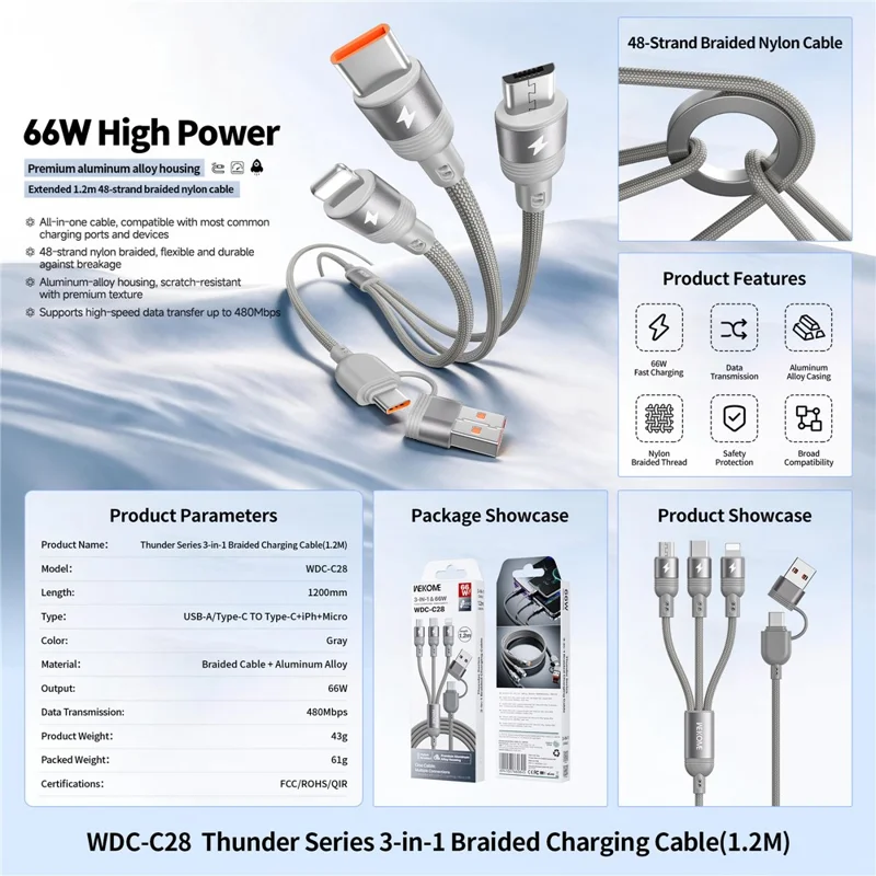 WEKOME WDC-C28 1.2m 3 in 1 Data Cable, IP + Type-C + Micro USB 66W Charging Cord - Grey