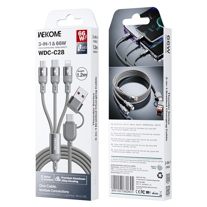 WEKOME WDC-C28 1.2m 3 in 1 Data Cable, IP + Type-C + Micro USB 66W Charging Cord - Grey