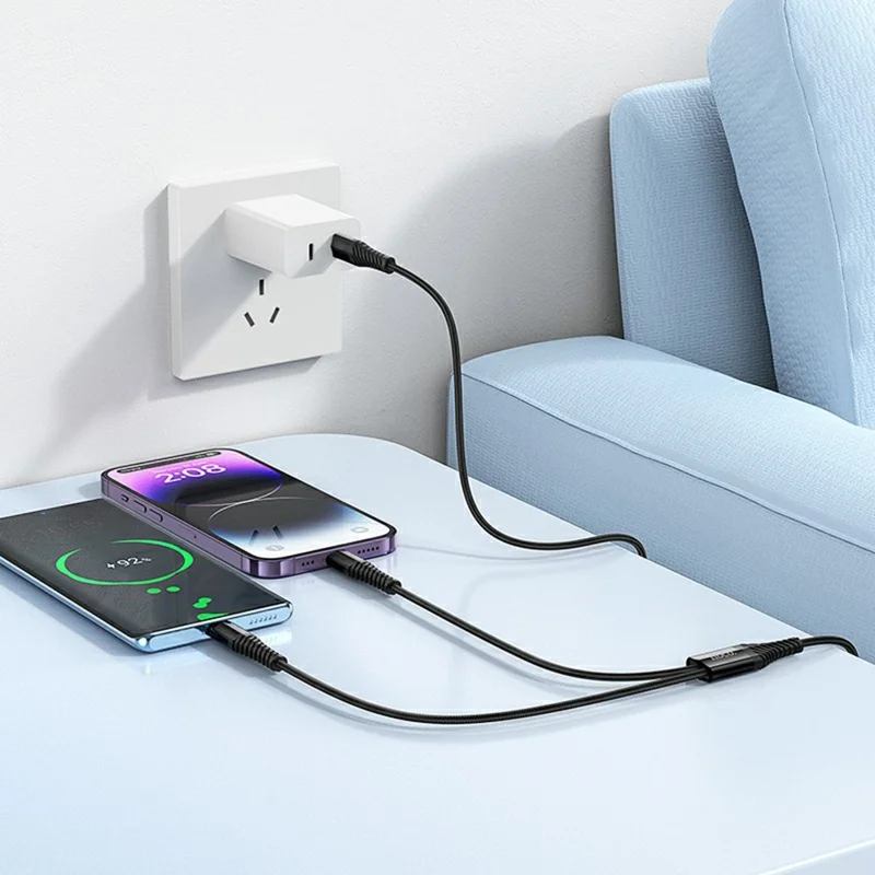 HOCO X123 1 m USB-C til IP + USB-C 2 i 1 opladningskabel, uden datatransmission - Sort