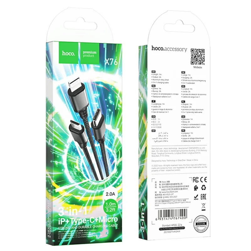 HOCO X76 1m 3 in 1 Charging Cable USB to IP + Type-C + Micro USB Cord, No Data Transfer - Black