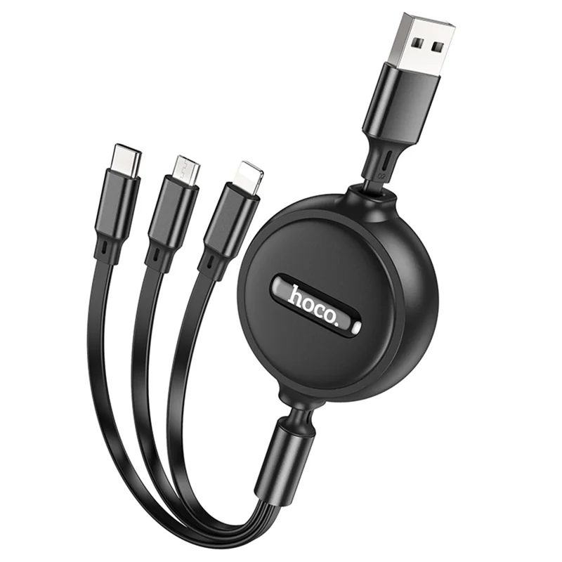 HOCO X75 1m 3 in 1 Dual-Pull Retractable Charging Cable, USB to iP + Micro USB + Type-C Cord, No Data Transfer - Black