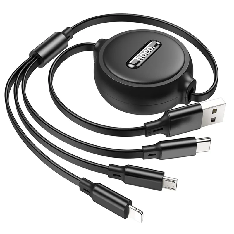 HOCO X75 1m 3 in 1 Dual-Pull Retractable Charging Cable, USB to iP + Micro USB + Type-C Cord, No Data Transfer - Black