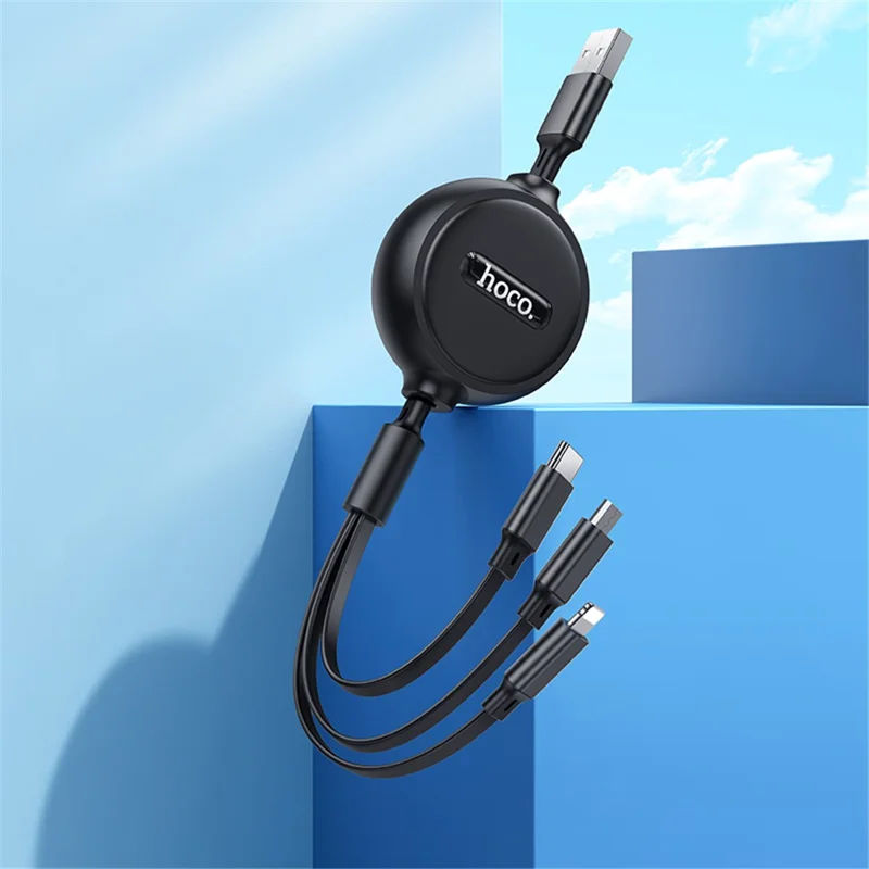 HOCO X75 1m 3 in 1 Dual-Pull Retractable Charging Cable, USB to iP + Micro USB + Type-C Cord, No Data Transfer - Black