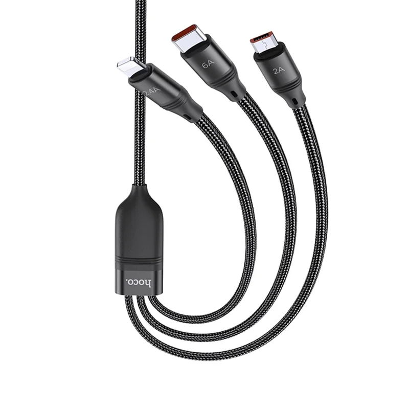 HOCO U104 1.2m 3 in 1 Fast Charge Data Cable, USB to iP + Micro + Type-C Cord - Black