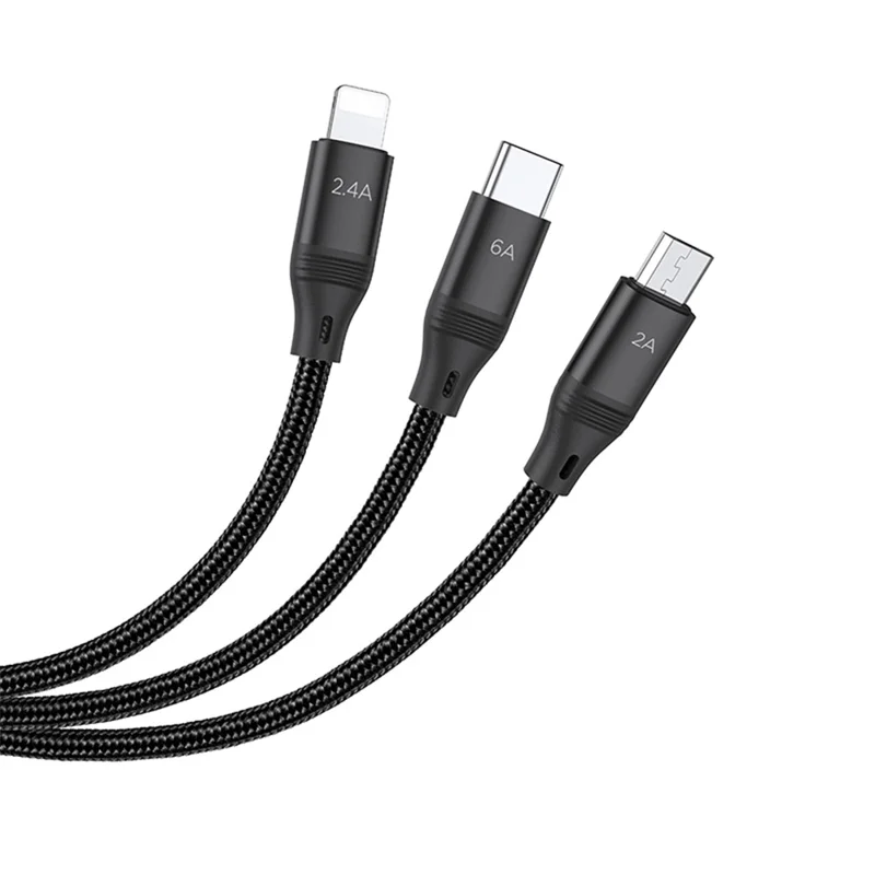 HOCO U104 1.2m 3 in 1 Fast Charge Data Cable, USB to iP + Micro + Type-C Cord - Black