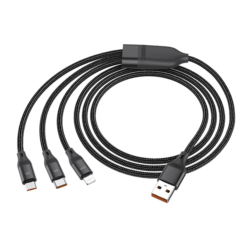 HOCO U104 1.2m 3 in 1 Fast Charge Data Cable, USB to iP + Micro + Type-C Cord - Black