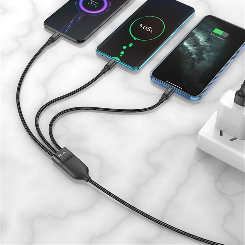 HOCO U104 1.2m 3 in 1 Fast Charge Data Cable, USB to iP + Micro + Type-C Cord - Black