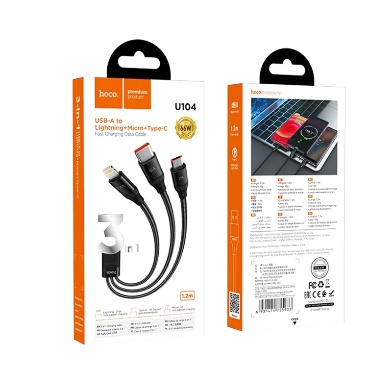 HOCO U104 1.2m 3 in 1 Fast Charge Data Cable, USB to iP + Micro + Type-C Cord - Black