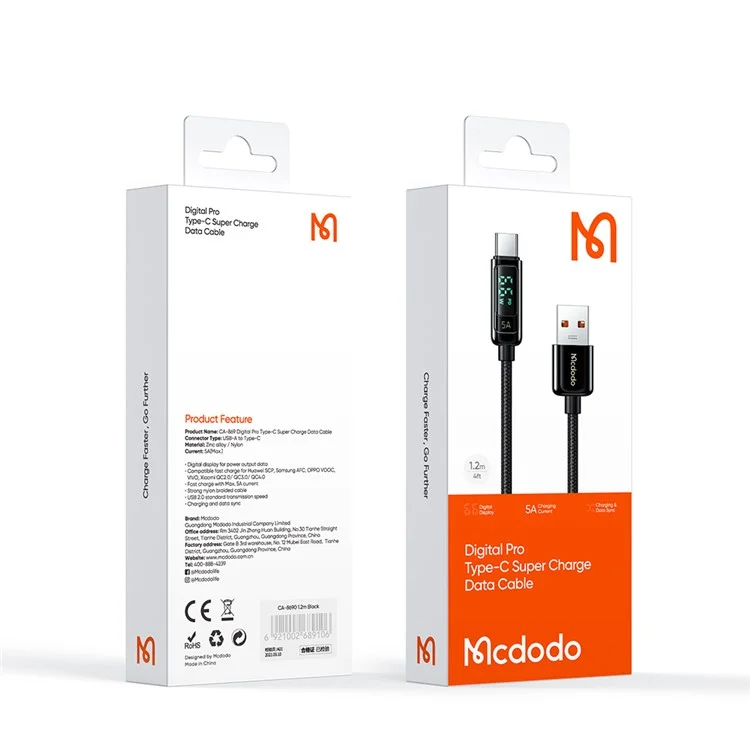 Mcdodo MDD CA-869 1,2m Cord di Ricarica Del Telefono Cellulare USB Tipo C Con Display Digitale Per Huawei Xiaomi - Nero